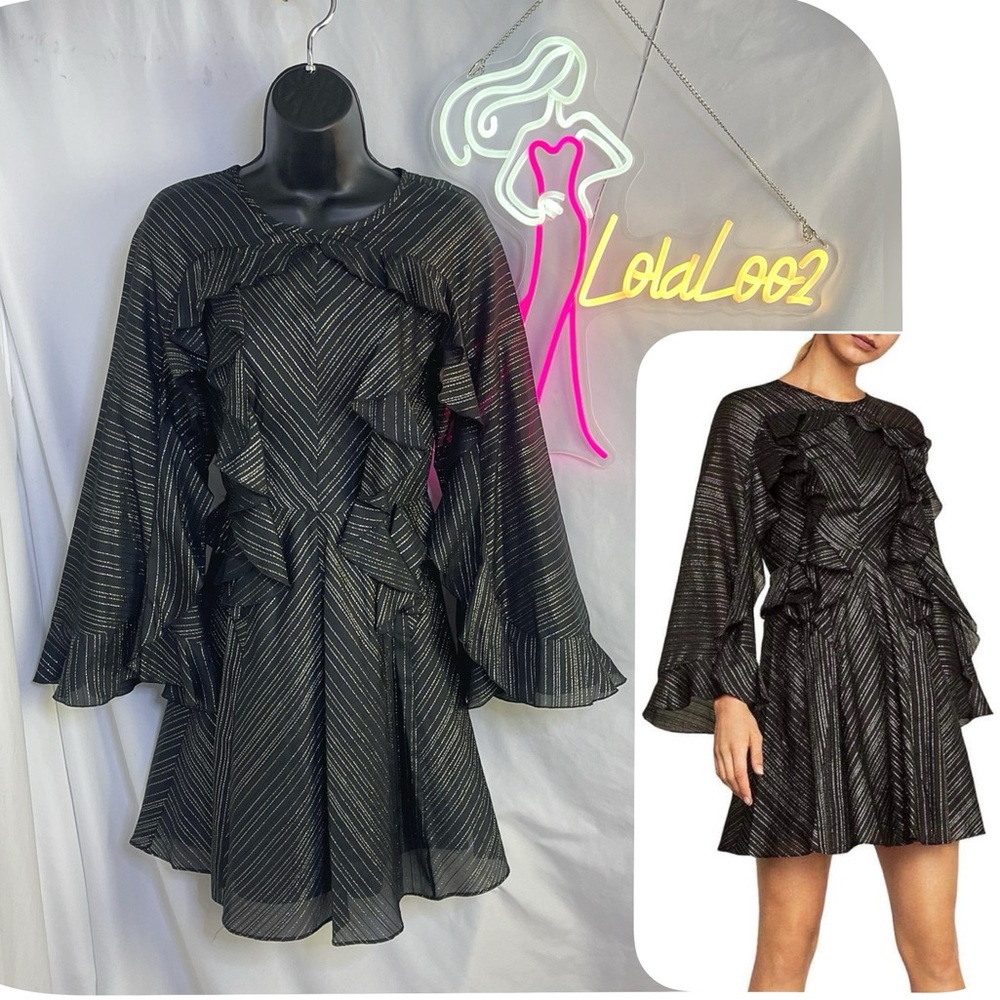 NWT BCBGMAXAZRIA Metallic Ruffle Long Bell Sleeve Fit & Flare Chiffon Mini Dress